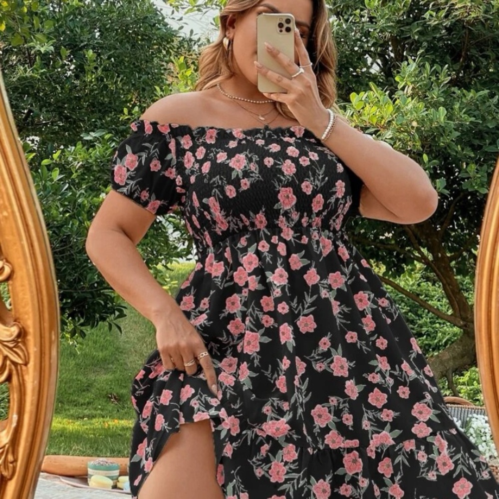 Black off shoulder dress with flowers